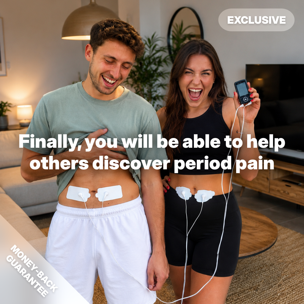 Smiling couple at home using period cramp simulator with TENS electrode pads on their stomachs