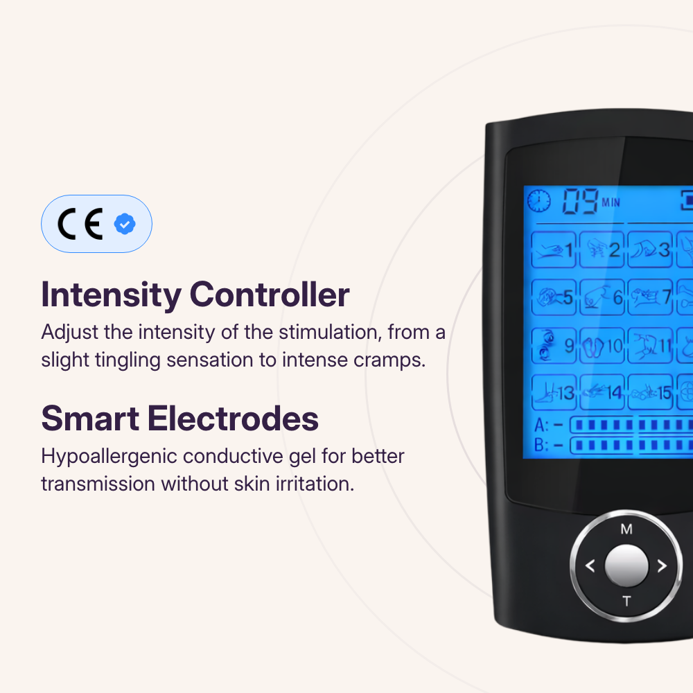 Period cramp simulator controller with adjustable intensity and CE-certified smart hypoallergenic electrodes