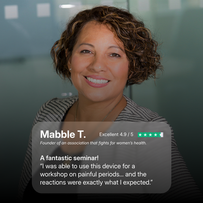 Five-star customer testimonial for the period cramp simulator from a smiling woman